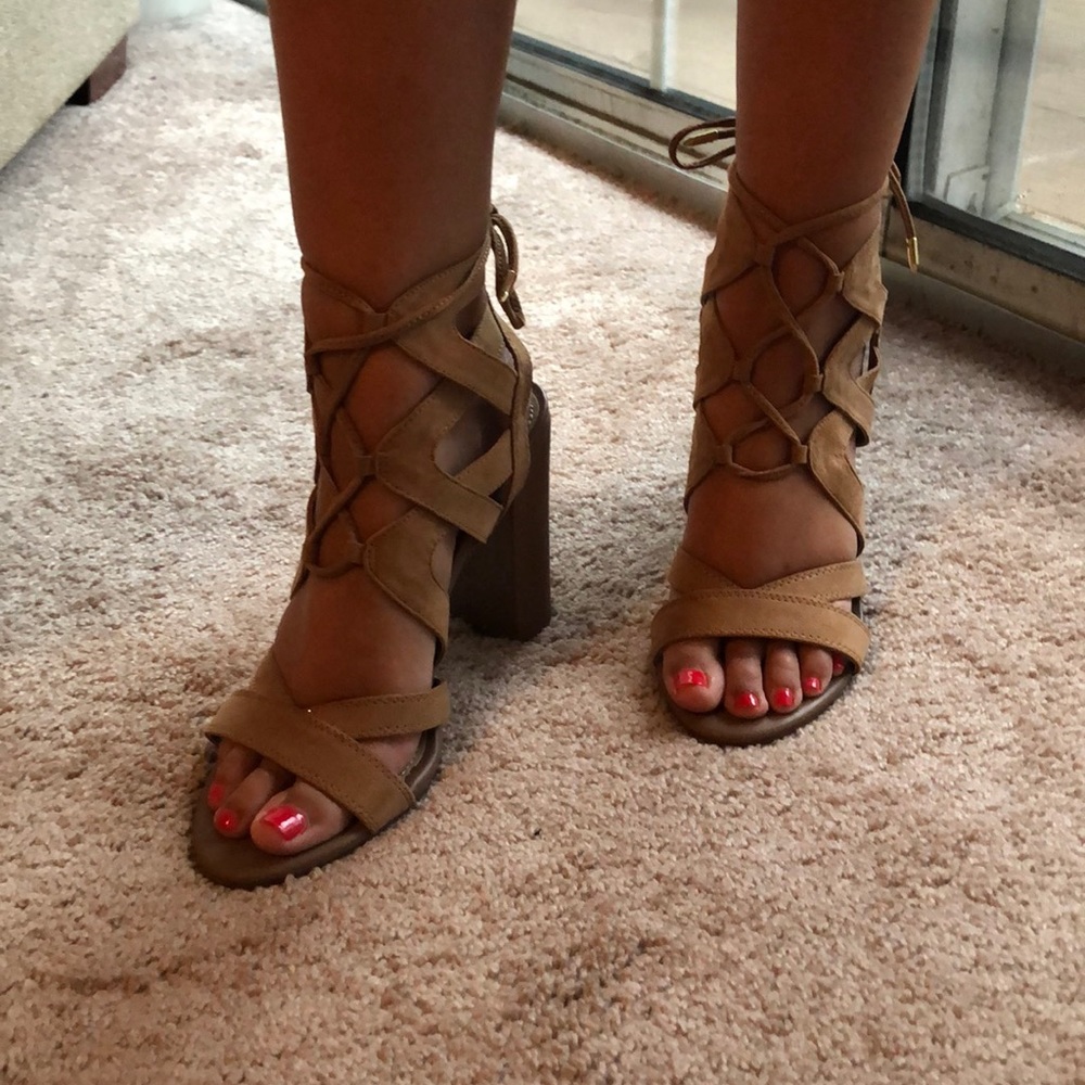 Strappy tan heeled sandals